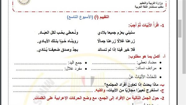 مراجعات نهائية.. أسئلة تقييم الاسبوع التاسع في اللغة العربية الصف الرابع الابتدائي