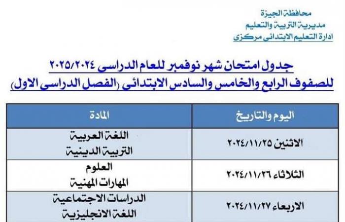 جدول امتحانات شهر نوفمبر لـ الصف الخامس الابتدائي.. تعليم الجيزة تكشف