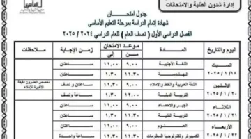 جدول امتحانات الصف الثالث الاعدادي ٢٠٢٥ الترم الأول جميع المحافظات